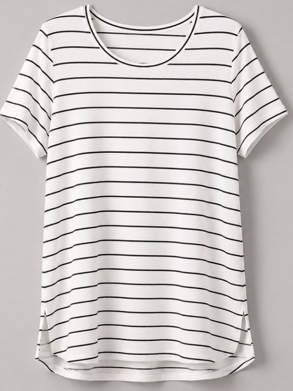 ANN TAYLOR Striped Crewneck Short Sleeve T-Shirt Top Off-white Black Sz MP EUC - Picture 4 of 11